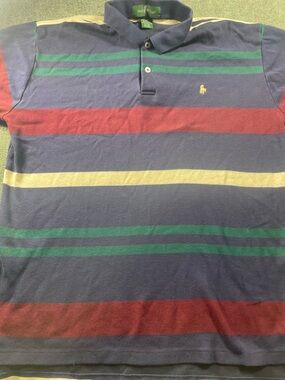 Hunt Club Navy Polo with Red, Green, and Cream Stripes